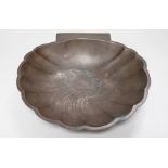 A Japanese silver wire inlaid bronze shell shaped dish, Meiji period. Signed to reverse, 22cm