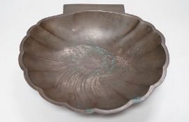 A Japanese silver wire inlaid bronze shell shaped dish, Meiji period. Signed to reverse, 22cm