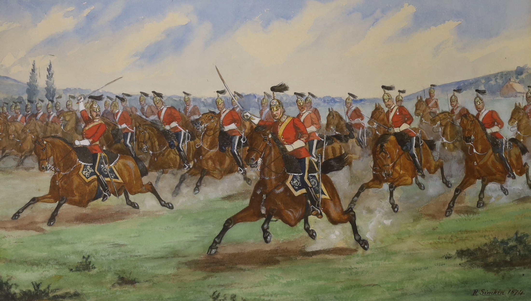 Richard Simkin (1840-1926), watercolour, Charging Cavalry, signed and dated 1874, 23 x 40cm