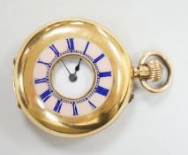 An 18k yellow metal and guilloche enamelled half hunter fob watch, with Roman dial, case diameter