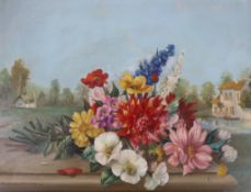 Alexander Wilson, oil on board, Still life of flowers in a landscape, signed, 37 x 48cm