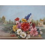 Alexander Wilson, oil on board, Still life of flowers in a landscape, signed, 37 x 48cm