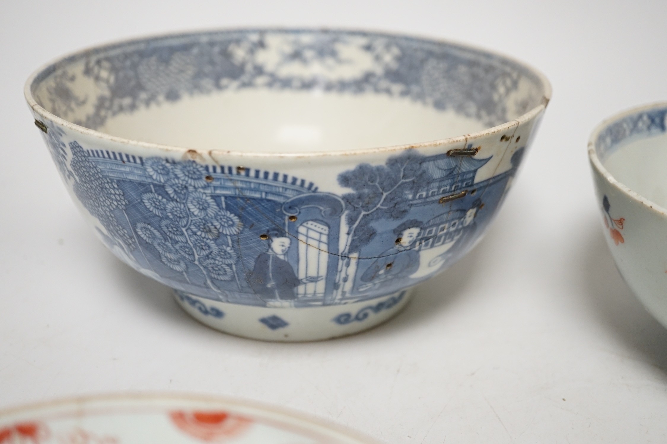 Six 18th century Chinese porcelain bowls (a.f.) and a Chinese imari plate, largest bowl 20cm - Image 12 of 13