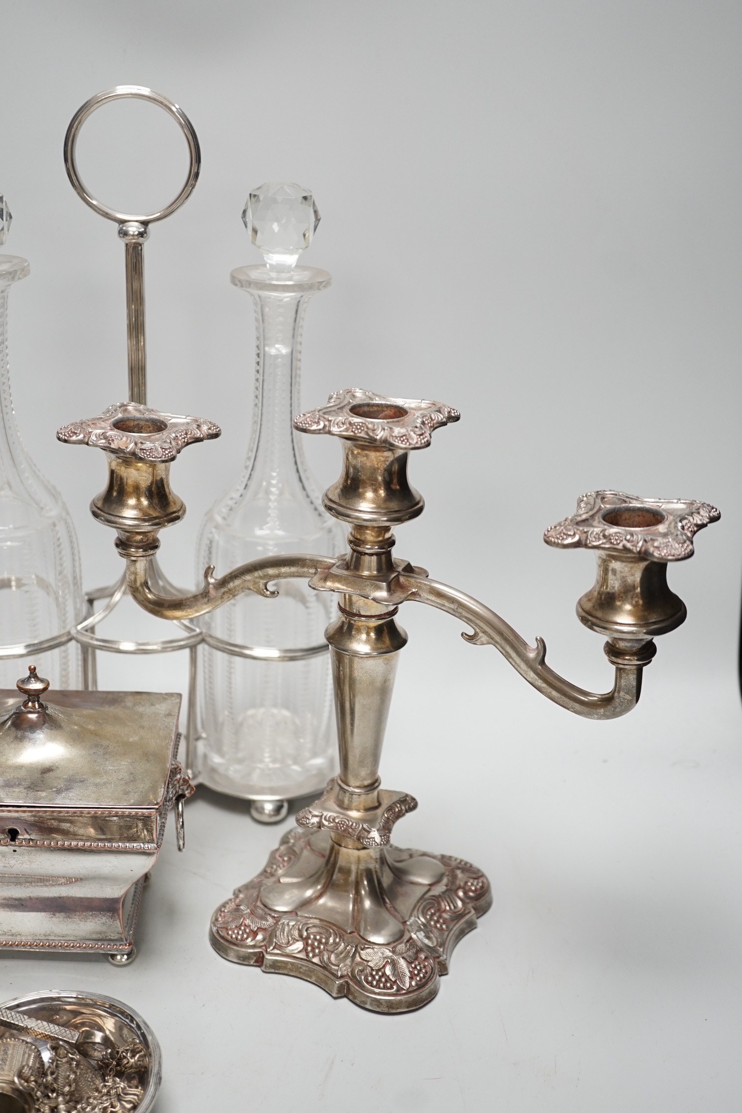 Assorted plated items including a decanter stand with two bottles, by Hukin & Heath and a tea - Image 3 of 5