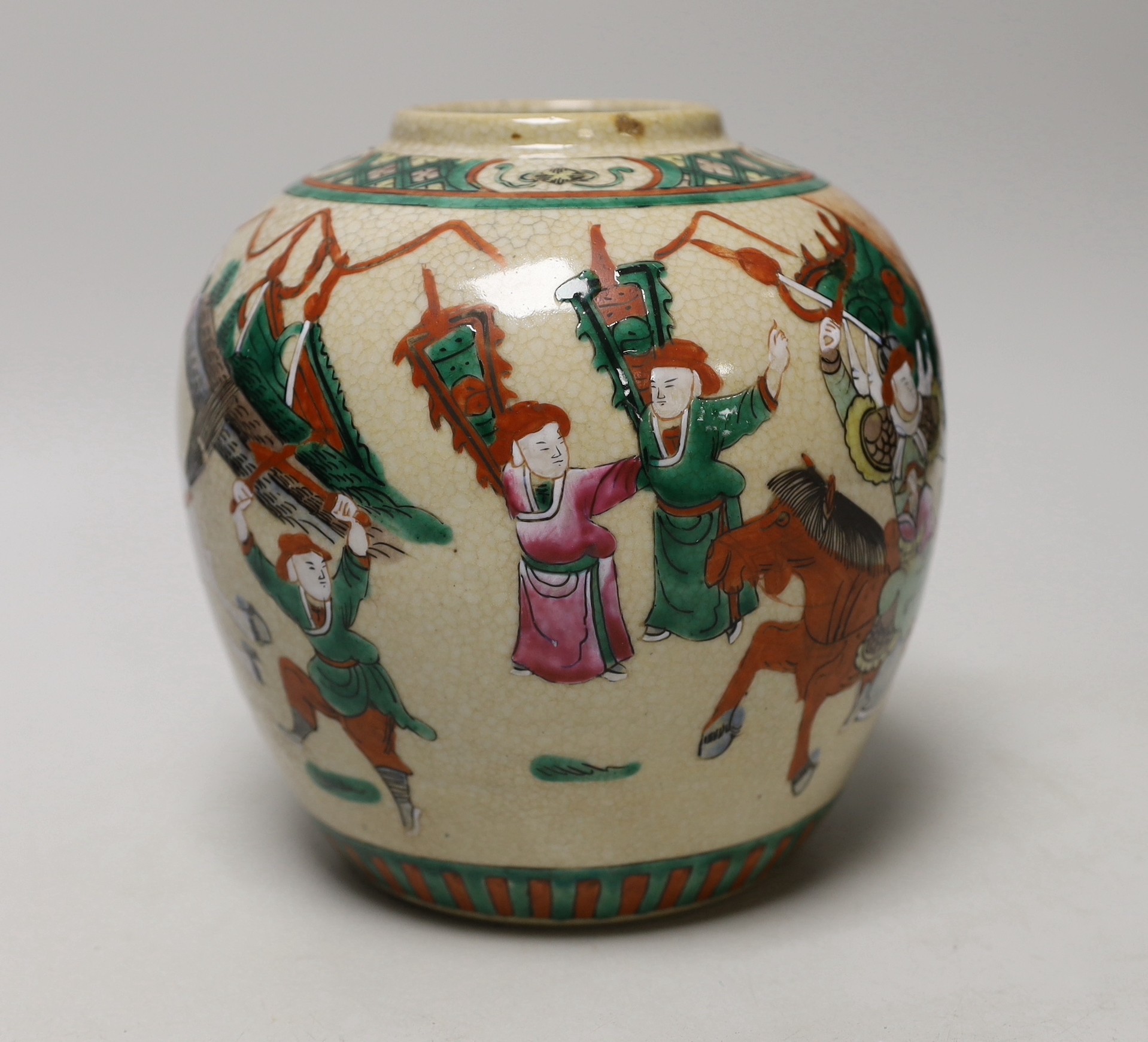 An early 20th century Chinese famille rose crackle glaze ginger jar, decorated with warrior - Image 3 of 6