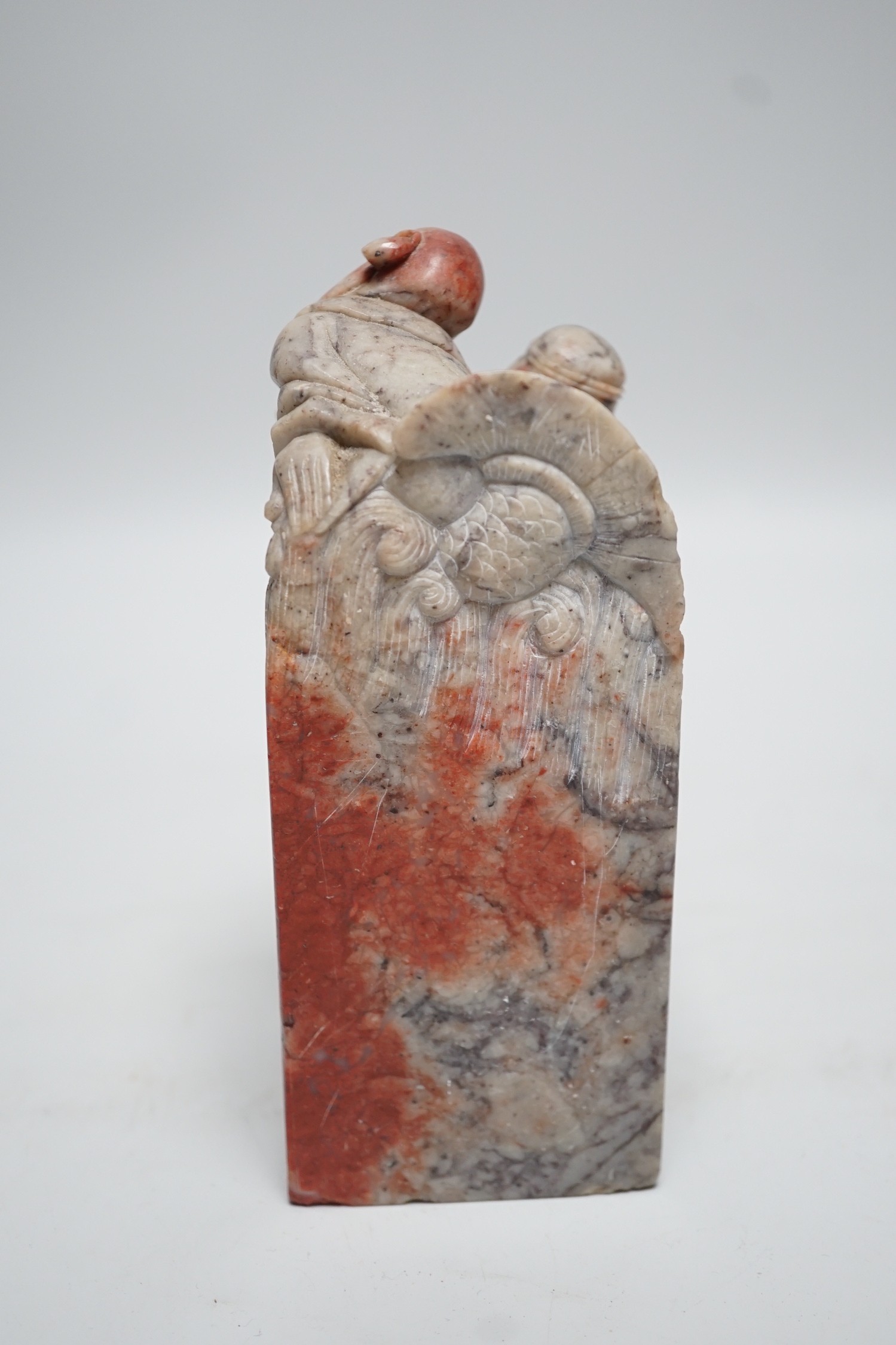 A large Chinese ‘chicken blood’ soapstone seal, Qing dynasty. 15cm - Image 3 of 6