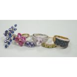 Six assorted modern 9ct gold and gem set dress rings, including three white gold, gross weight 20