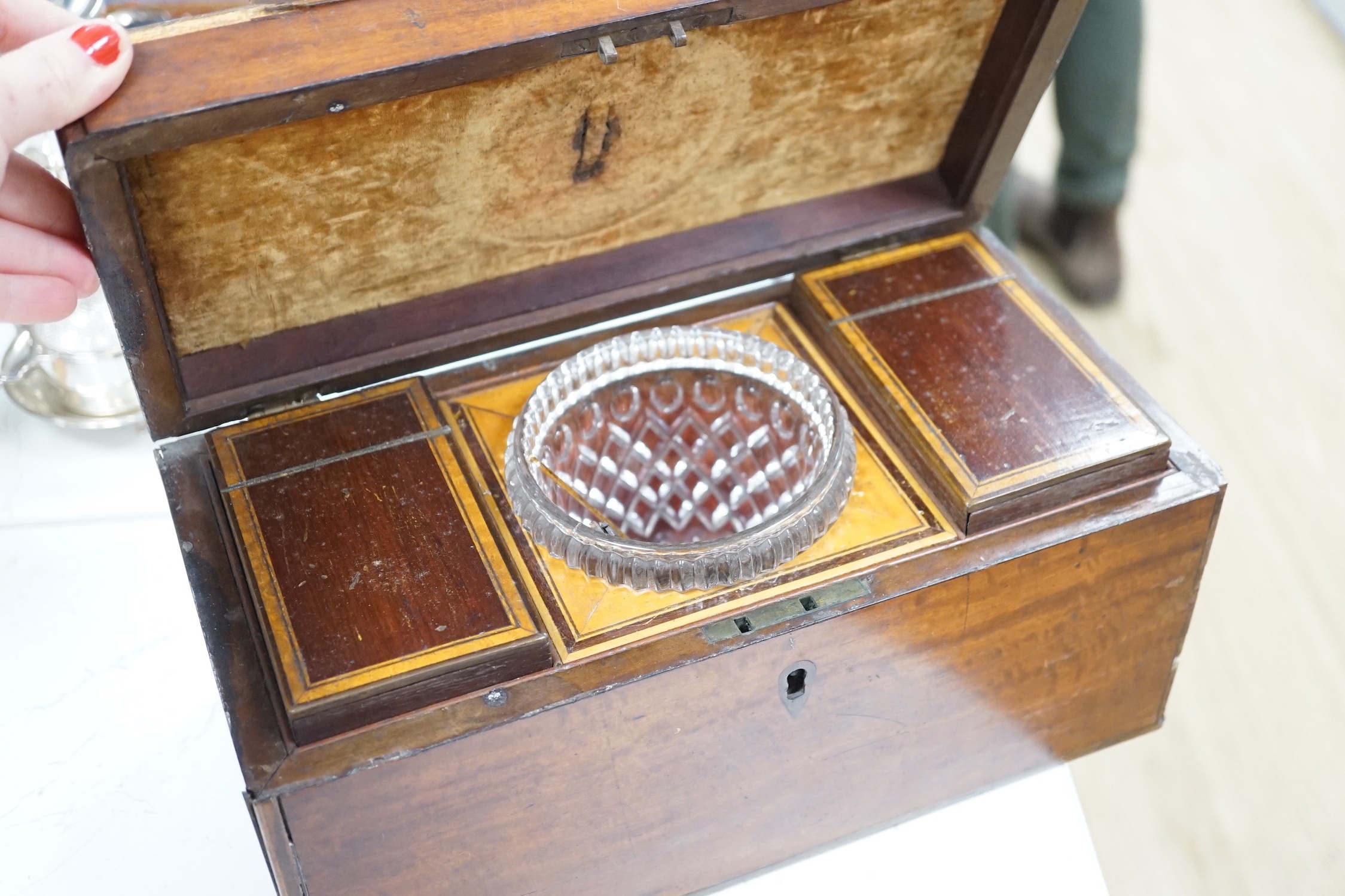 A late George III satinwood inlaid tea caddy and a later similar mahogany tea caddy, largest 30cms - Image 3 of 4