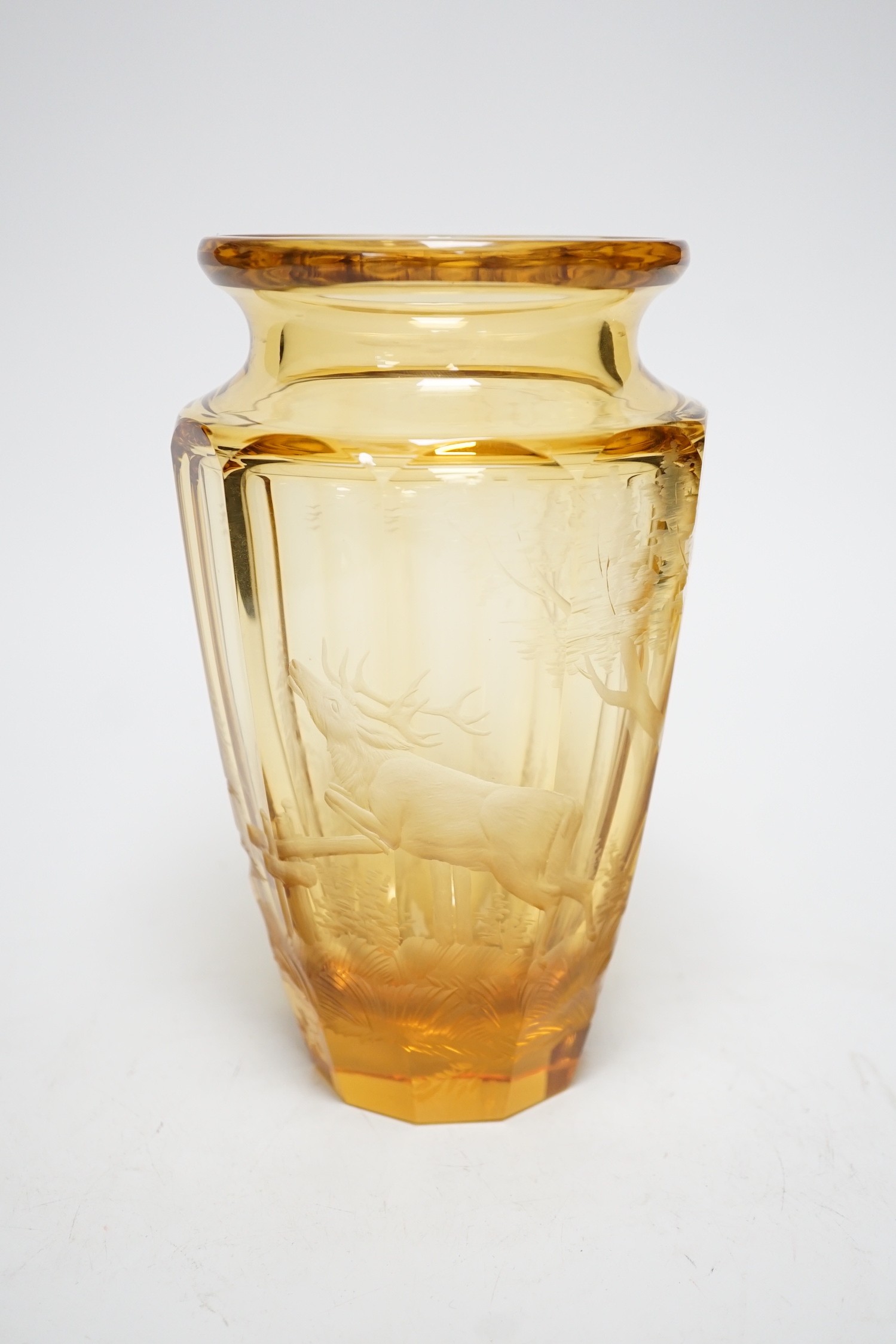 A Moser wheel engraved amber glass vase, 22cm - Image 5 of 7