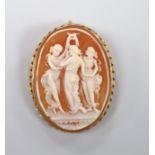 A modern 9ct gold mounted oval cameo shell pendant brooch, carved with The Three Graces, 41mm, gross