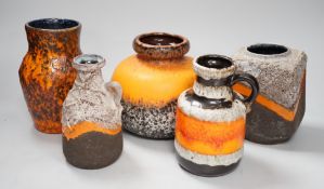 Five West German art, 2 Strehla Keramik and Fat lava and Bay Keramik pottery vases, Dümler & Breiden