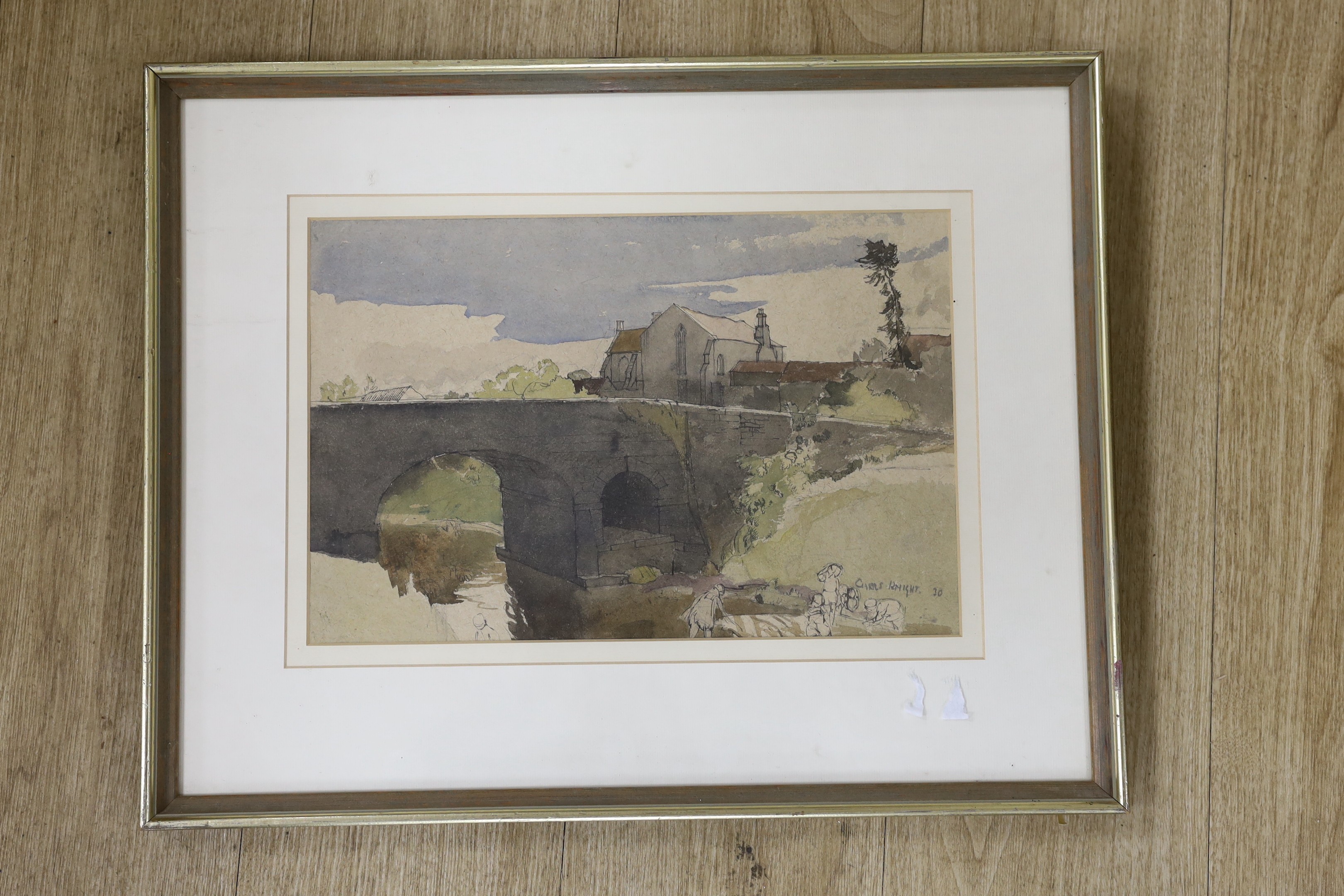 Charles Knight, 1901-1990, ink and watercolour, Labourers beside stone bridge, signed in pencil - Image 2 of 4