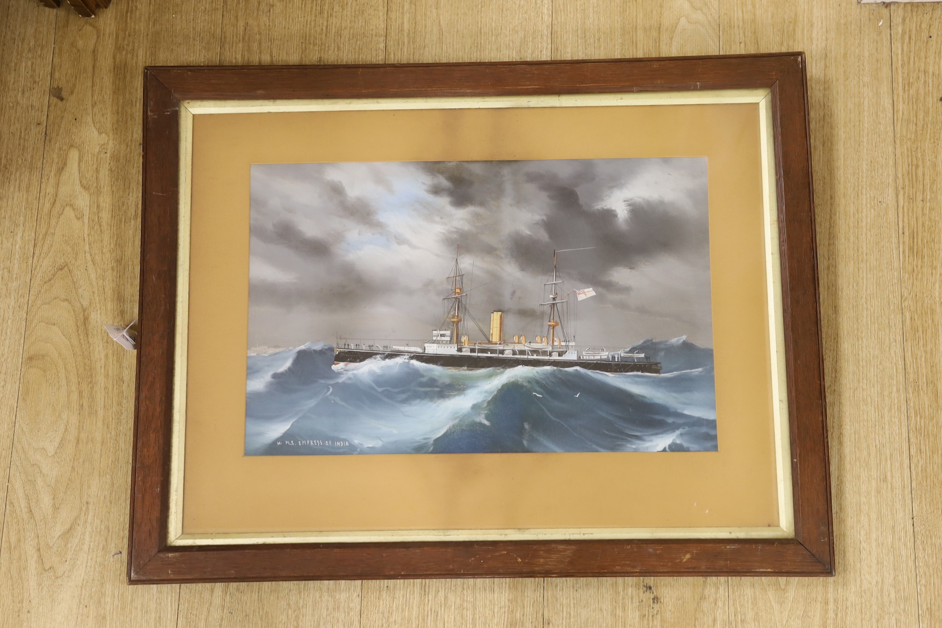 Neapolitan School, gouache, HMS Empress of India in rough seas, titled 30 x 47cm - Image 2 of 3