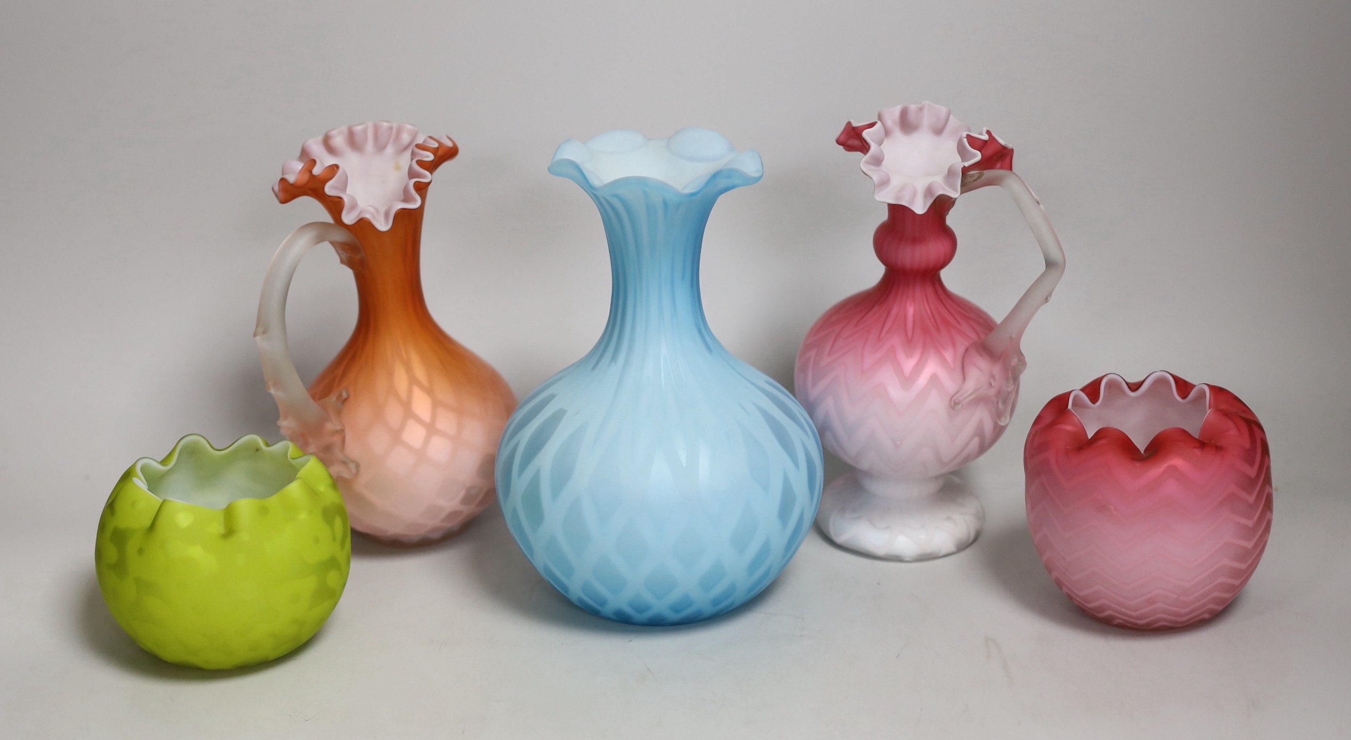 Five satin glass vases and ewers. Tallest 19cm - Image 2 of 2