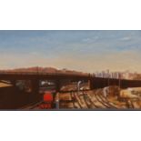 John James (b.1947), oil on canvas, Railway tracks with a castle beyond, initialled and dated ’84,