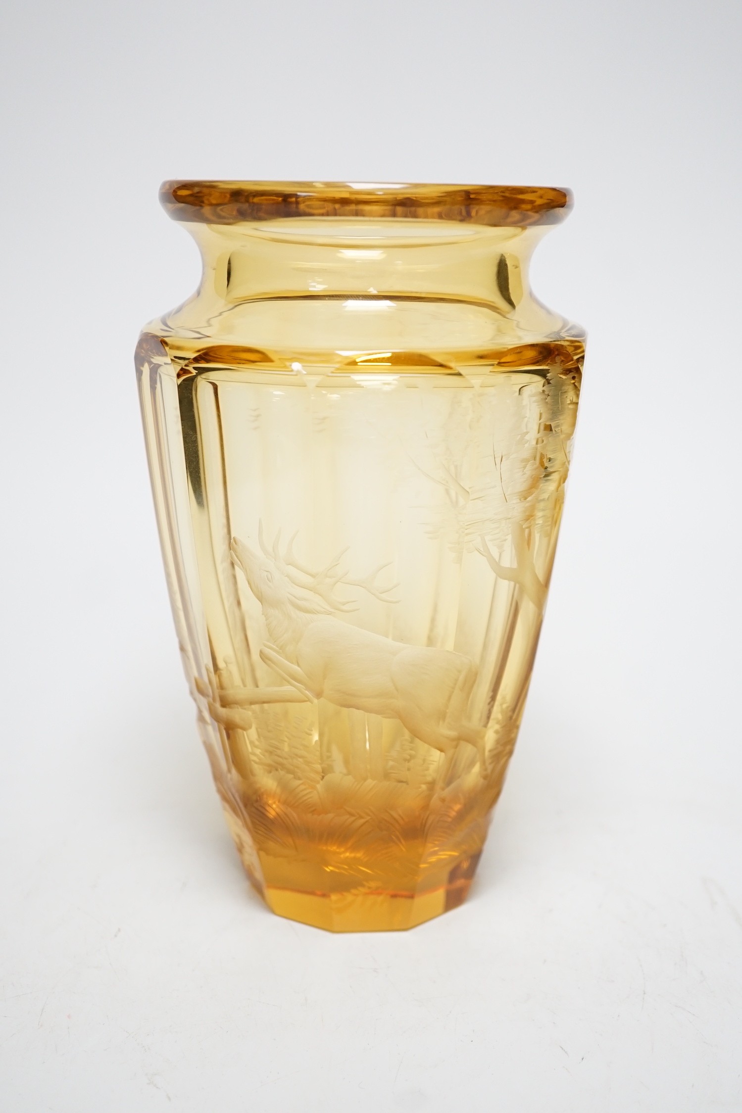 A Moser wheel engraved amber glass vase, 22cm - Image 4 of 7