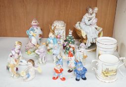 A small group of various porcelain figures etc. including Beatrix Potter and continental porcelain