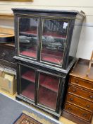 A late Victorian ebonised and parcel gilt collector's cabinet in two parts, width 80cm, depth