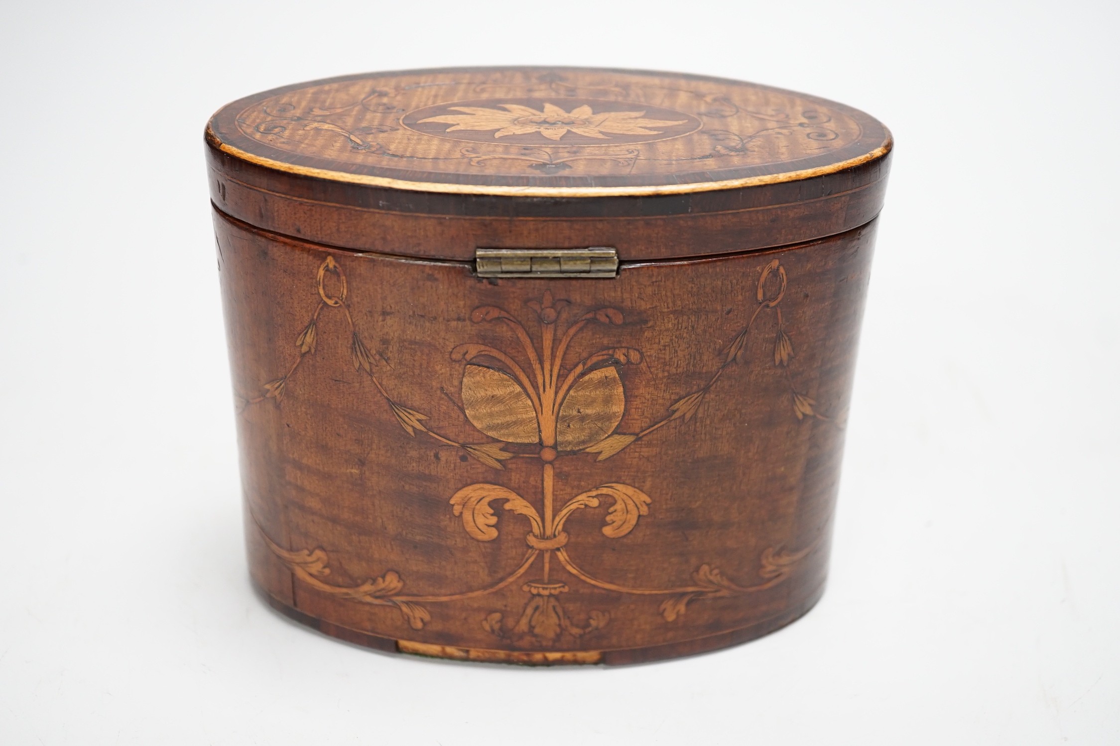A George III oval harewood and marquetry tea caddy, c.1790, 12cms high x 15cms wide Ivory submission - Image 3 of 5