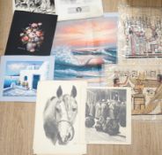 A group of assorted pictures and prints including Egyptian papyrus paintings, 41 x 33cm