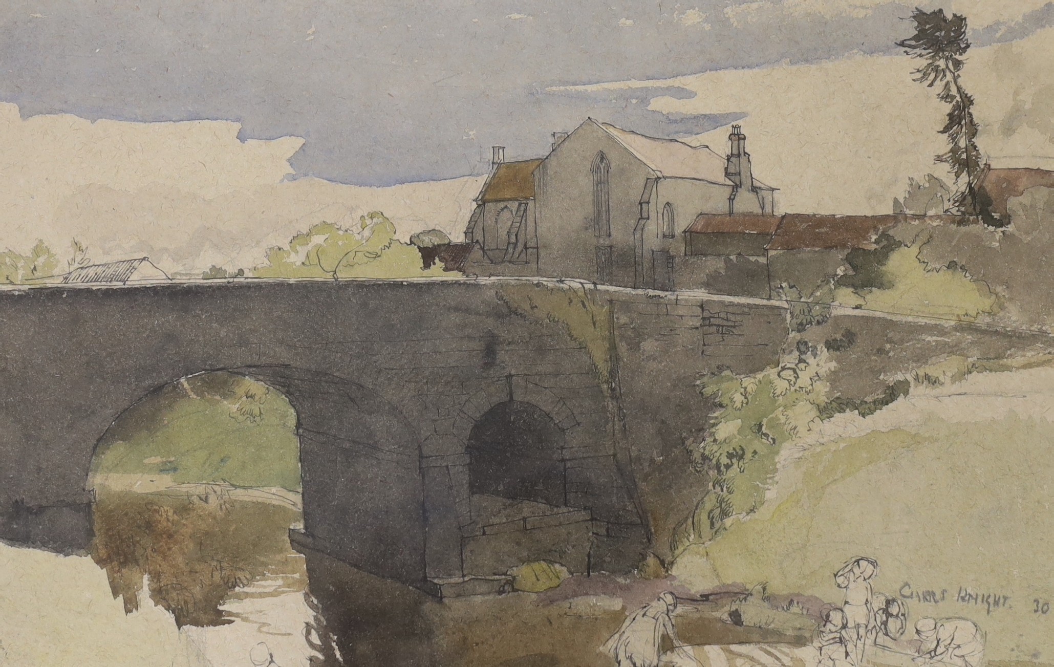 Charles Knight, 1901-1990, ink and watercolour, Labourers beside stone bridge, signed in pencil