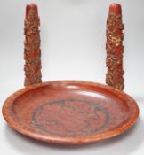 A pair of early 20th century Chinese carved red lacquer and gilt temple incense burners and a