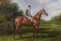 A modern oil on canvas, Portrait of a racehorse with jockey up, 60 x 90cm