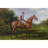 A modern oil on canvas, Portrait of a racehorse with jockey up, 60 x 90cm