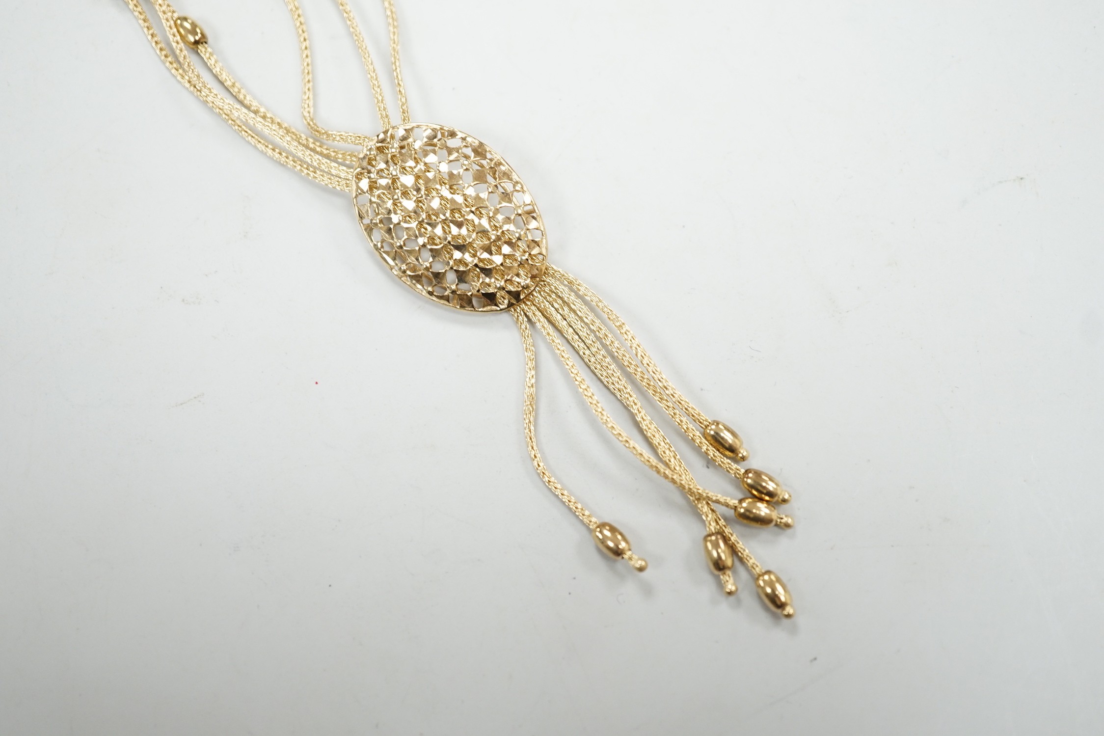 A modern Italian 375 yellow metal multi strand drop tassel necklace, approx. 49cm, 9.9 grams. - Image 2 of 4