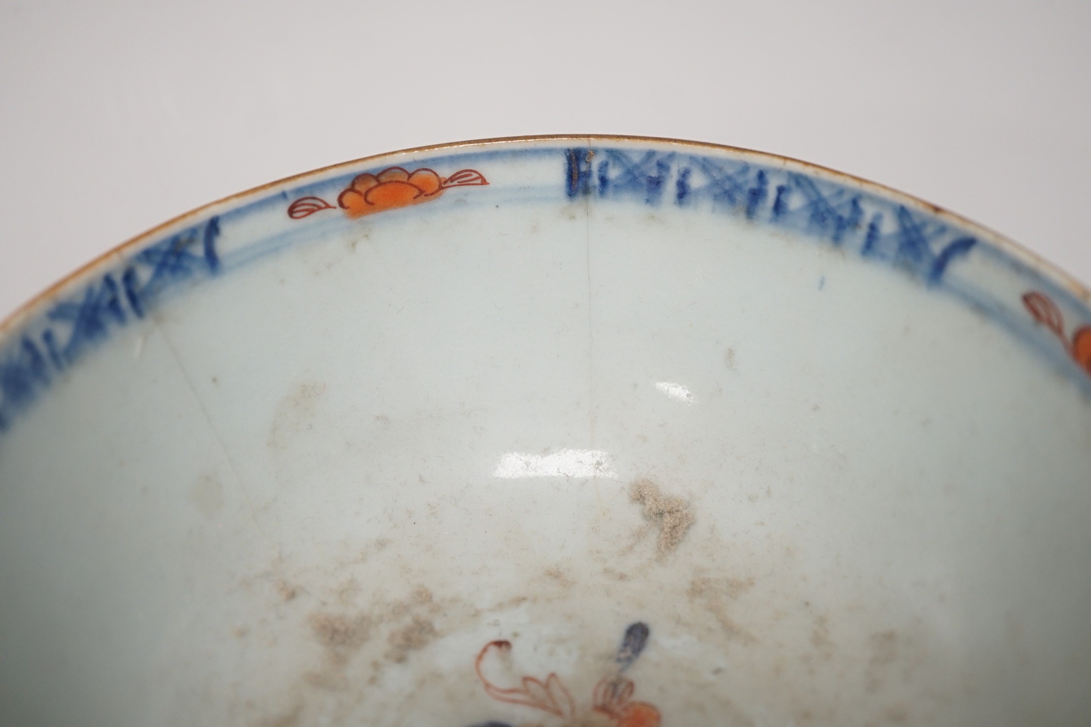 Six 18th century Chinese porcelain bowls (a.f.) and a Chinese imari plate, largest bowl 20cm - Image 8 of 13