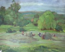 Continental School, oil on board, Harvesters in a landscape, indistinctly signed, 38 x 47cm
