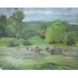 Continental School, oil on board, Harvesters in a landscape, indistinctly signed, 38 x 47cm