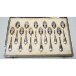 A cased set of twelve Belgian? 800 standard white metal coffee spoons, 10.2cm, 4.7oz.