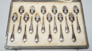 A cased set of twelve Belgian? 800 standard white metal coffee spoons, 10.2cm, 4.7oz.