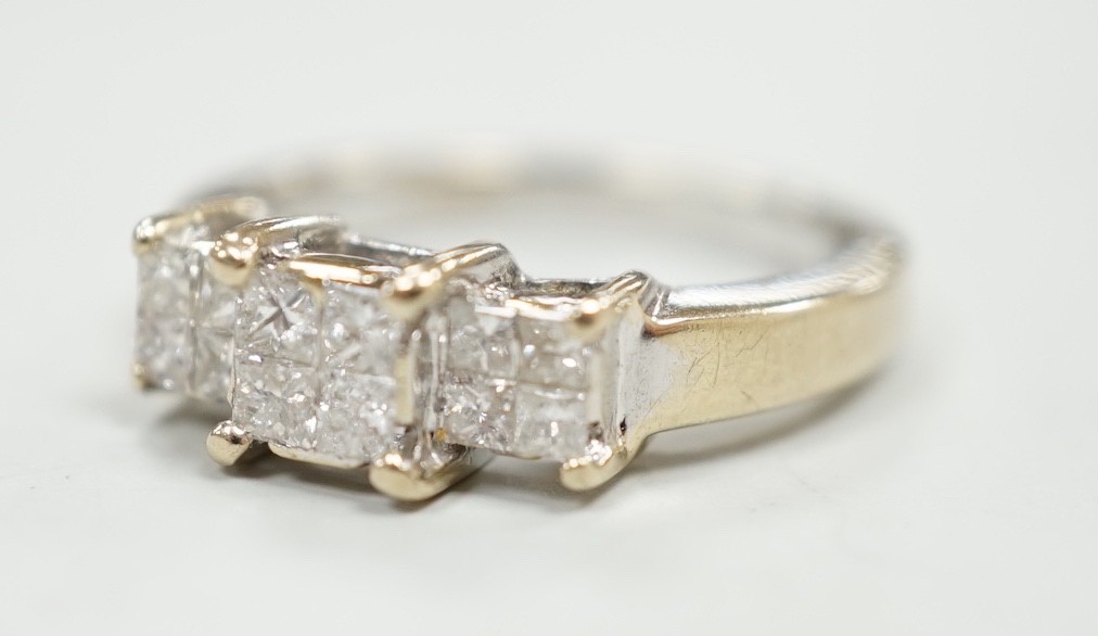 A modern 18ct white gold and triple princess cut diamond cluster set dress ring, size K, gross - Image 2 of 4