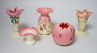 Five Webbs coloured glass posy vases, including pair of Webbs Queens Burmese
