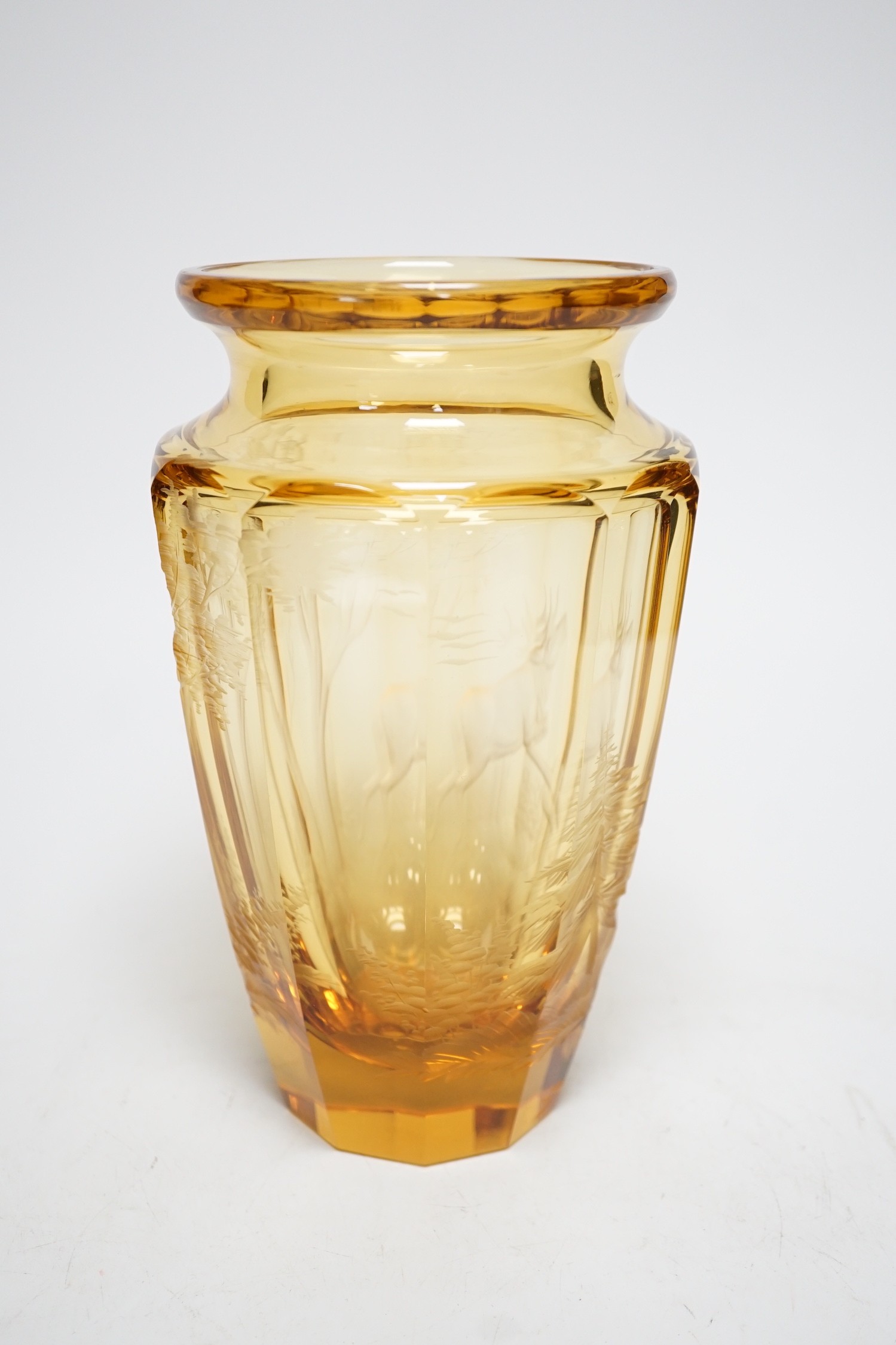 A Moser wheel engraved amber glass vase, 22cm - Image 2 of 7