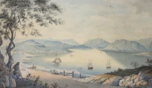 19th Century Colonial School, watercolour, Shipping at Anchor, 31 x 52cm