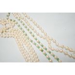 A Mikimoto single strand cultured pearl and green quartz? bead necklace, with white metal and