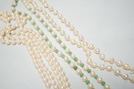 A Mikimoto single strand cultured pearl and green quartz? bead necklace, with white metal and