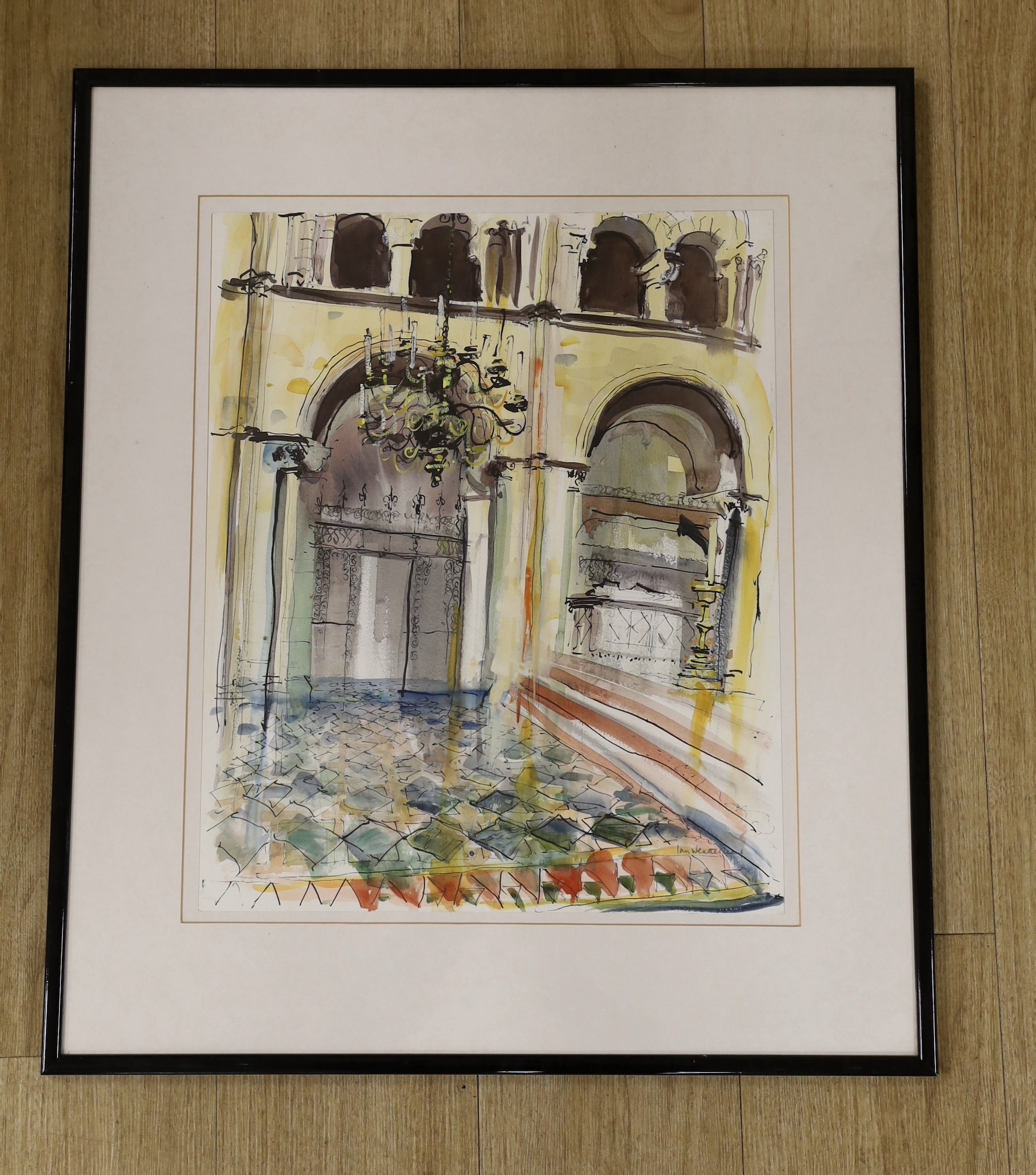 Ian Weatherhead (b.1932), ink and watercolour, Palazzo interior, signed, 50 x 40cm - Image 2 of 3