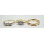 A 9ct gold wedding band, size O/P, 3 grams and two 1940's 18ct and illusion set diamond chip