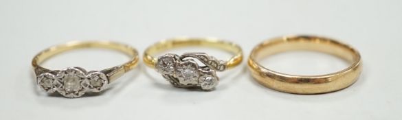 A 9ct gold wedding band, size O/P, 3 grams and two 1940's 18ct and illusion set diamond chip