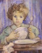 Roy Thompson, watercolour, Child holding a bowl, monogrammed, 45 x 38cm