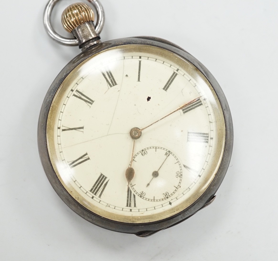 A Swiss 935 white metal open face pocket watch, with Roman dial(a.f.) and subsidiary seconds.