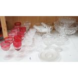 A set of cranberry flashed cut glass wine glasses, four others and collection of mixed cut glass