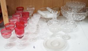 A set of cranberry flashed cut glass wine glasses, four others and collection of mixed cut glass