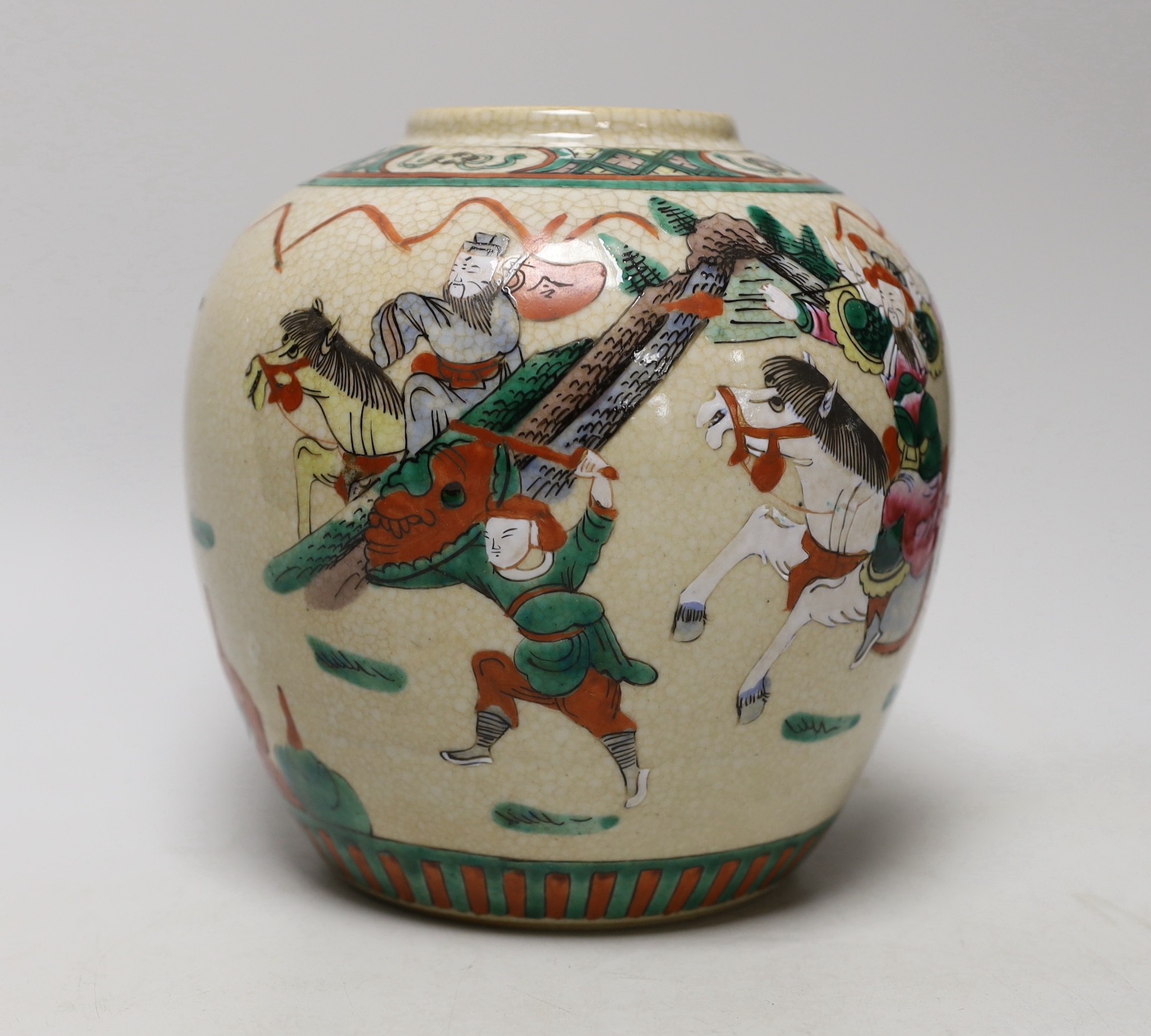 An early 20th century Chinese famille rose crackle glaze ginger jar, decorated with warrior