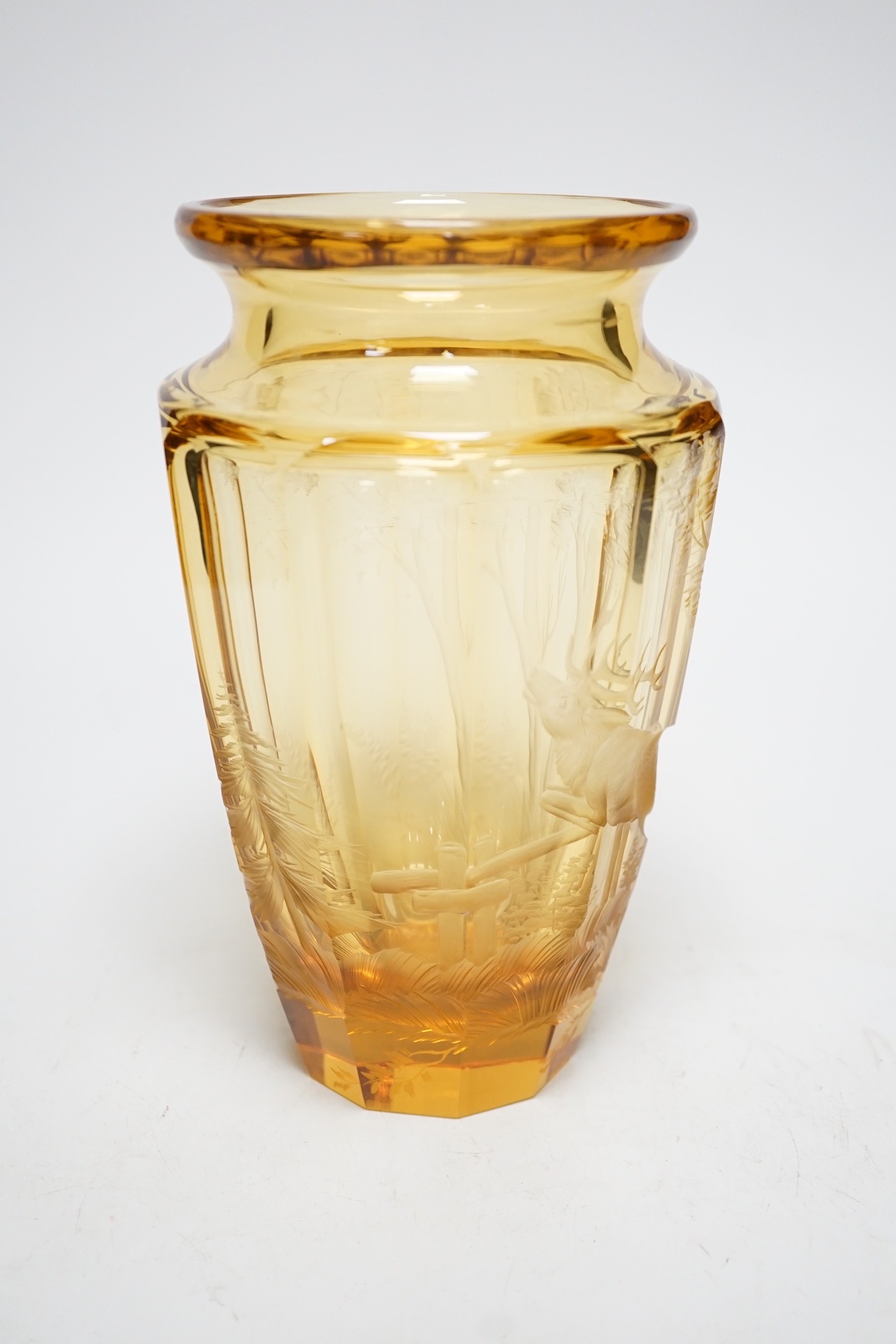 A Moser wheel engraved amber glass vase, 22cm - Image 3 of 7