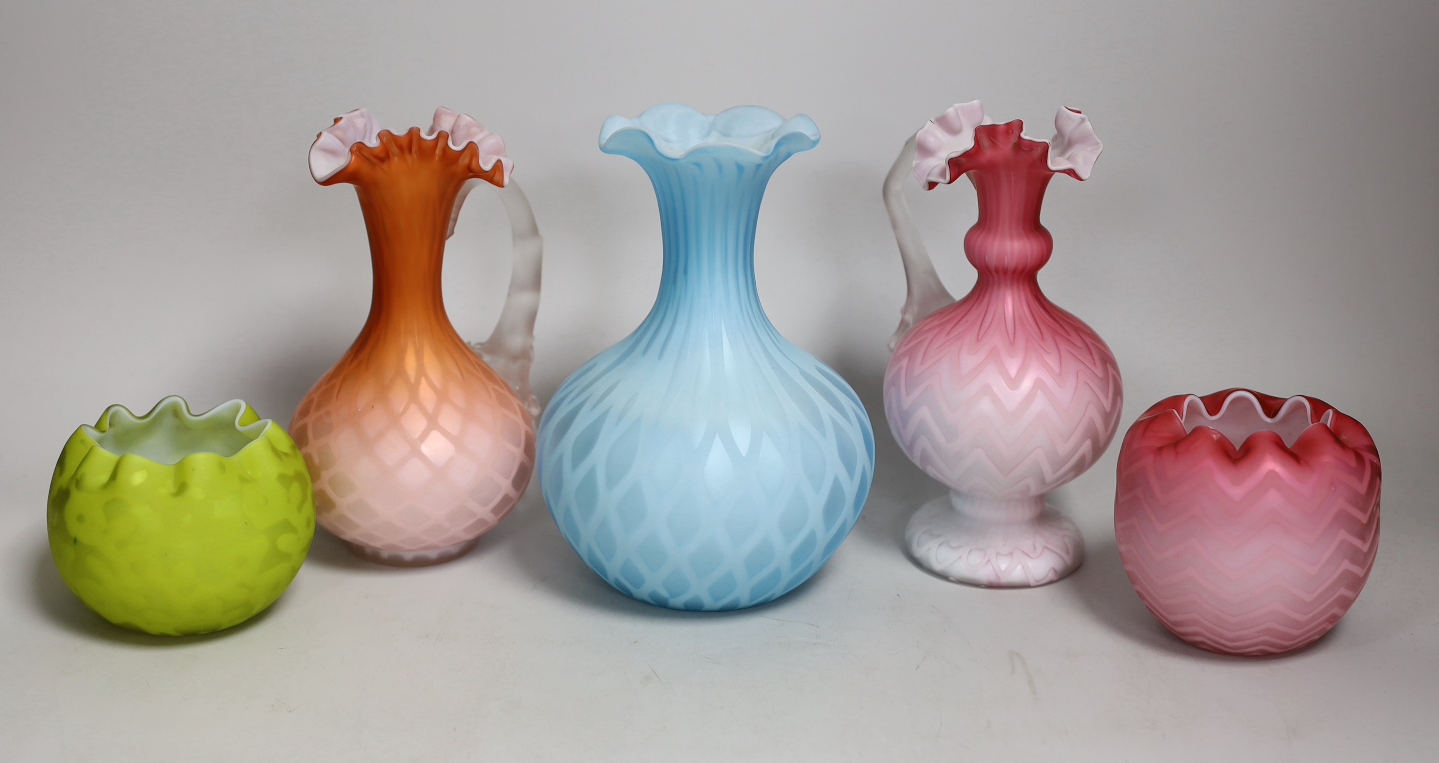 Five satin glass vases and ewers. Tallest 19cm